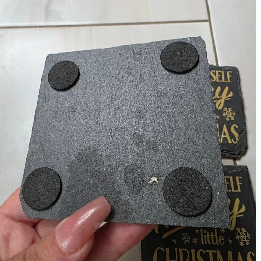 Merry Little Christmas Slate Coasters Set of 4 Black Gold Holiday Decor 4x4 G3